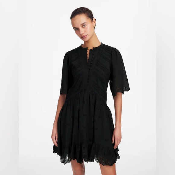 Madewell Eyelet Flutter Sleeve Mini Dress Cotton in Jet Black Size 00 NWT - Picture 2 of 15